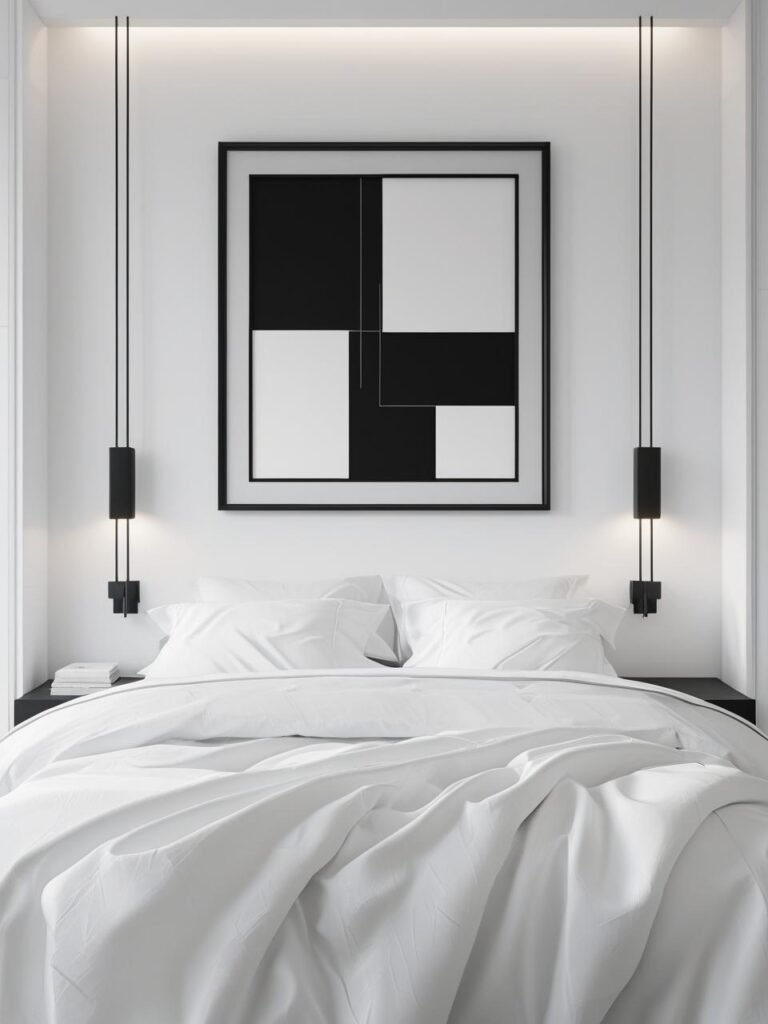 All-White Minimalist Bedding with Bold Wall Art