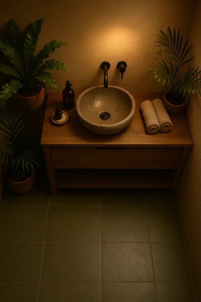 Earthy Spa Vibes with Moss Green Floor Tiles