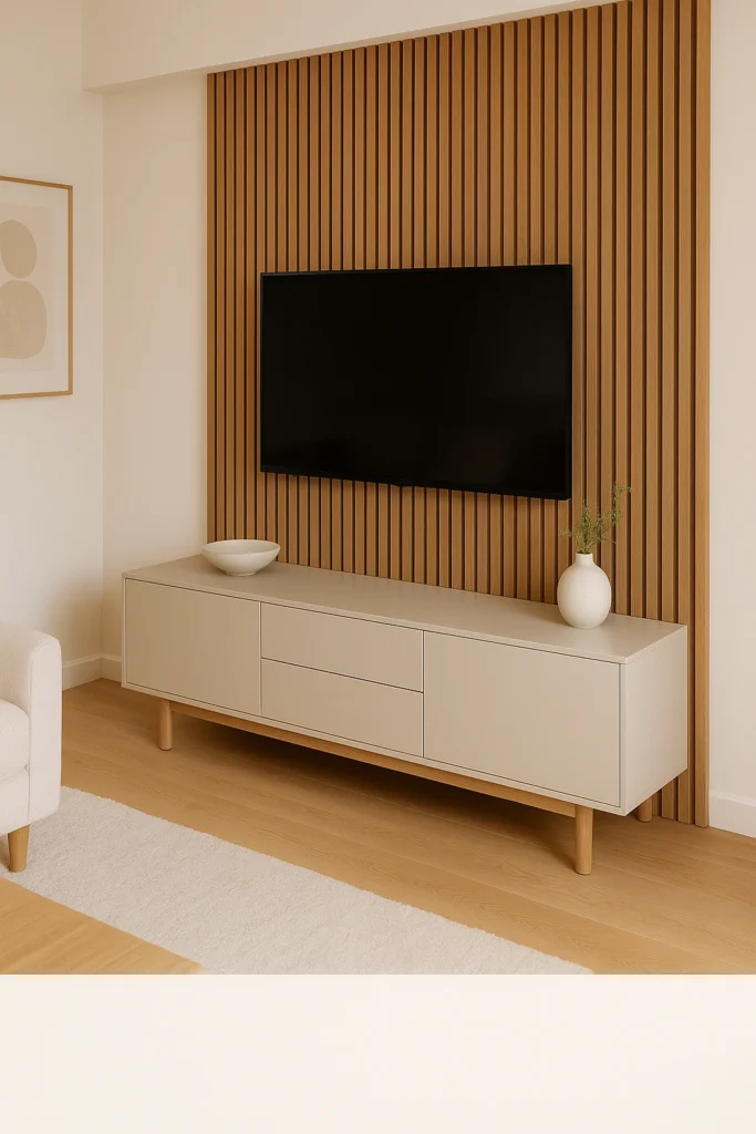 TV Unit with Slatted Wood Panels