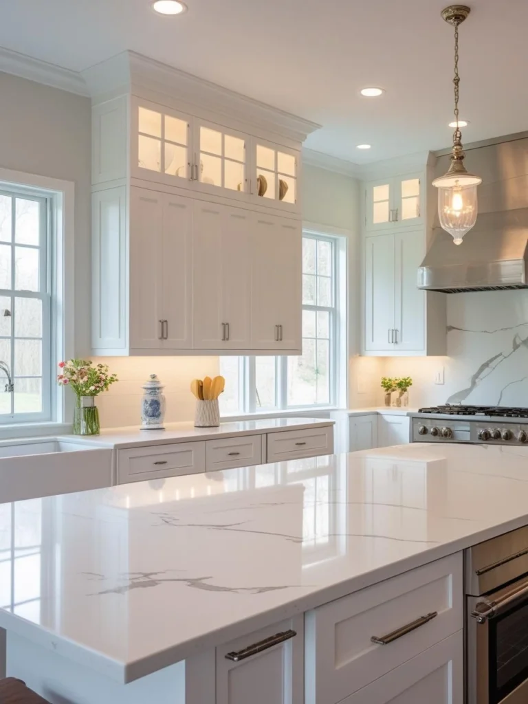 White Kitchen Cabinets with Quartz Countertops