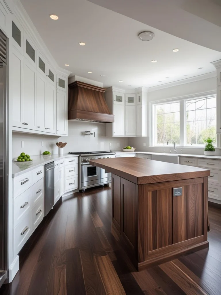 White Kitchen Cabinets with Wood Island & Dark Wood Floors
