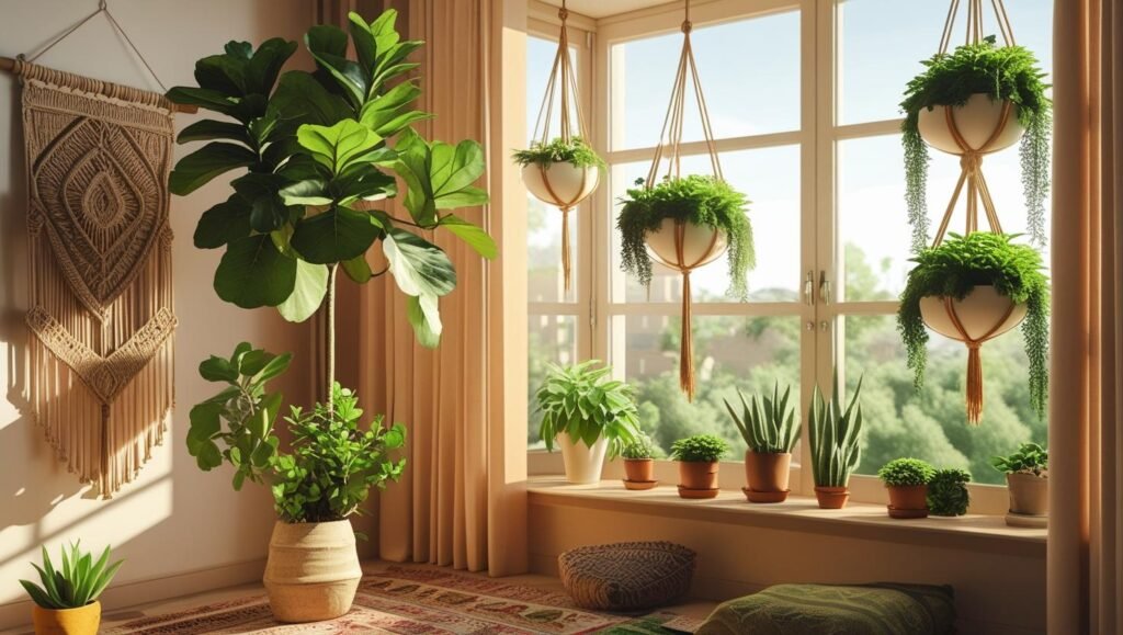 A bright apartment interior filled with plants