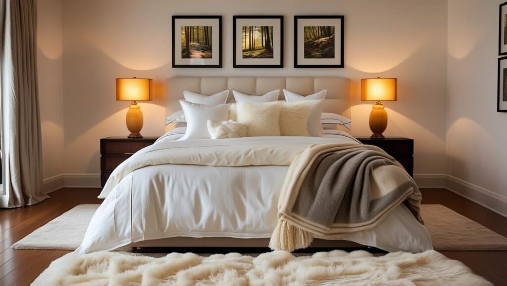 A luxurious apartment bedroom with a king-size bed