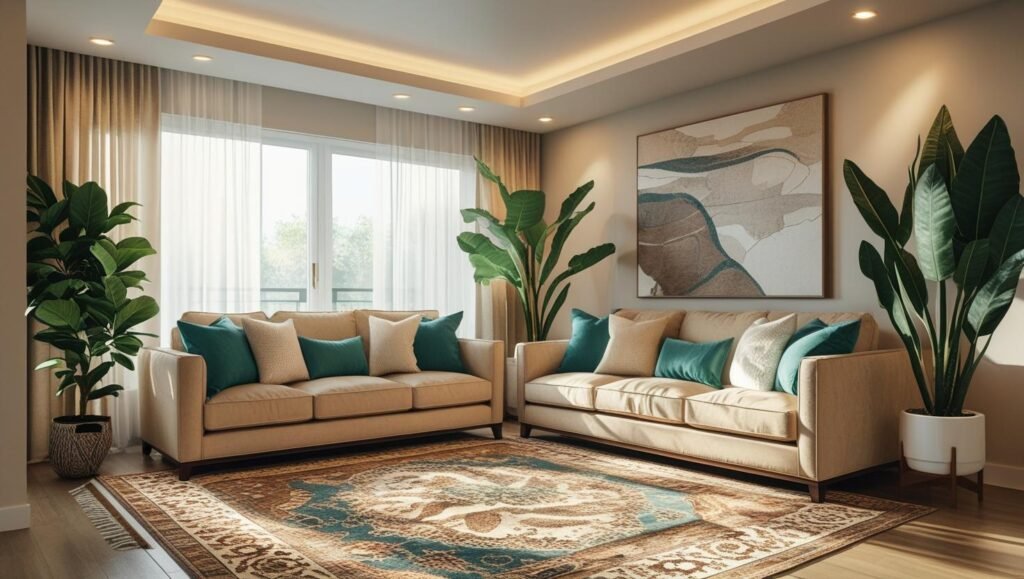 A modern apartment living room with plush beige sofa