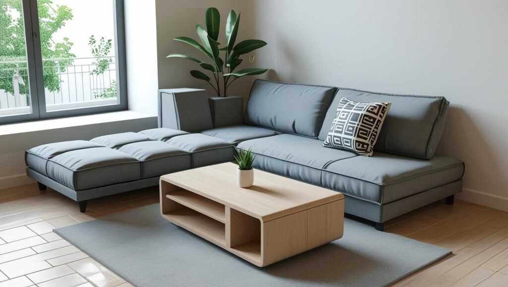 A stylish modern apartment with a grey sofa bed