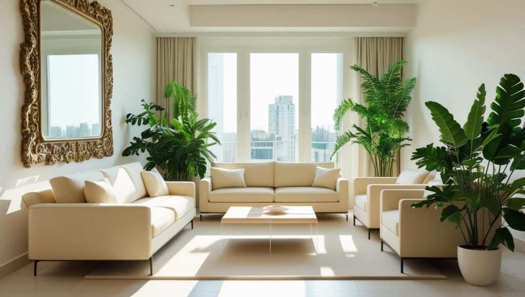 An apartment living room with a large decorative wall mirror