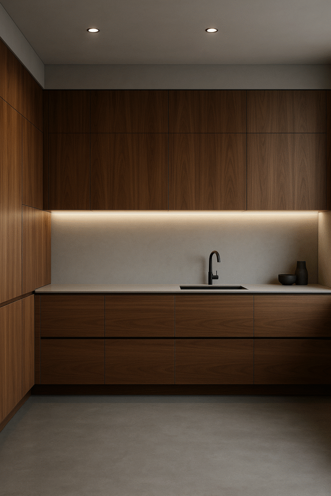 Handle-Free Walnut Kitchen for Ultra-Modern Vibes