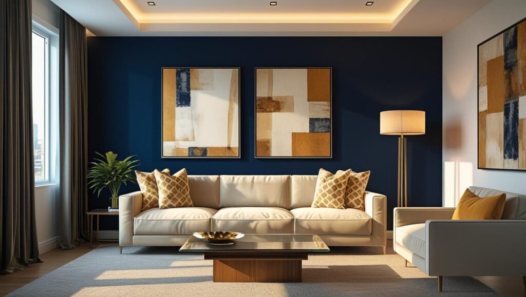 apartment living room with a bold navy blue accent wall