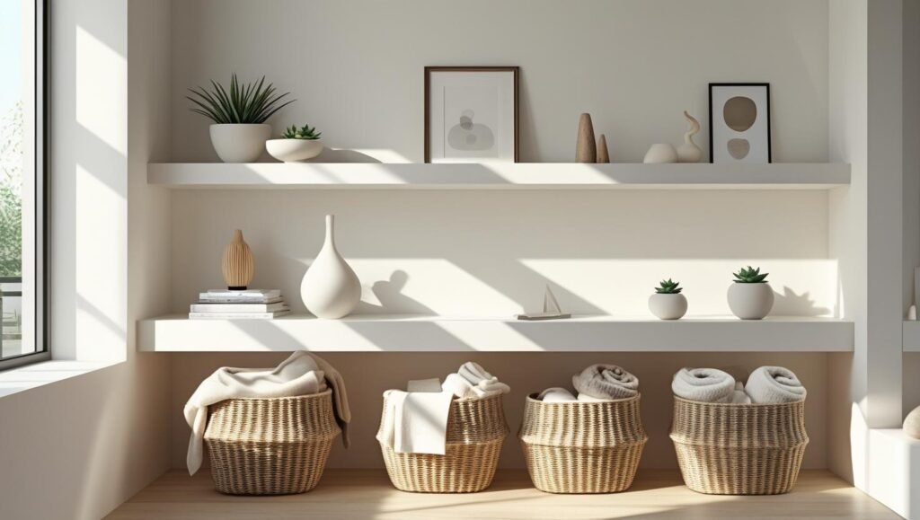 minimalist modern apartment with organized storage baskets